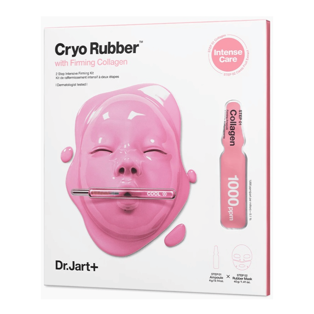 Μια εικόνα του Dr.Jart+'s Cryo Rubber™ με Firming Collagen προϊόν, δείχνει μια ροζ μάσκα προσώπου και περιγραφή του περιεχομένου.