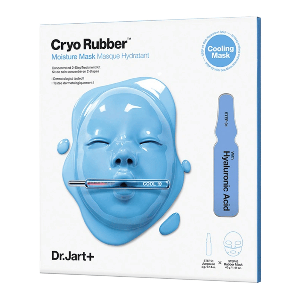 Συσκευασία του Dr.Jart+ Cryo Rubber Moisture Mask με μπλε μάσκα προσώπου και μια αμπούλα υαλουρονικού οξέος, σημειωμένη ως "Cooling Mask" και οδηγός χρήσης βήμα προς βήμα.