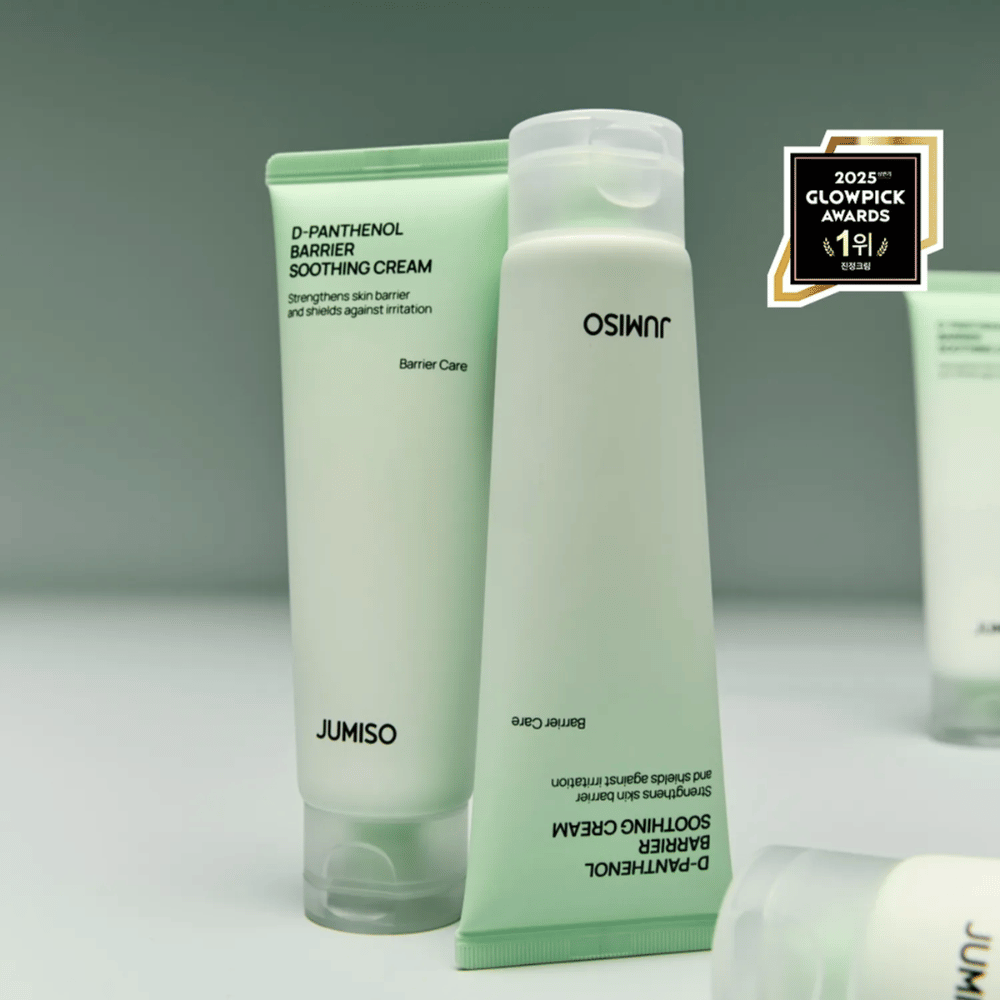 Jumiso D-Panthenol Barrier Soothing Cream σε σωλήνα με καπάκι, φωτογραφημένο από το πλάι με το λογότυπο των Glowpick Awards 2025.