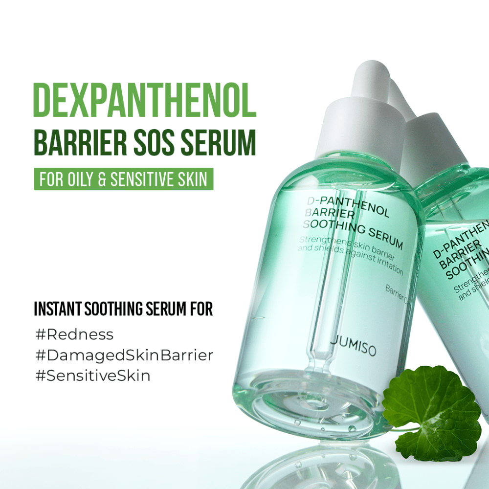Εικόνα προϊόντος του Jumiso D-Panthenol Barrier Soothing Serum με κείμενο για SOS-αποτέλεσμα για ευαίσθητο δέρμα, ερυθρότητα και κατεστραμμένο φραγμό δέρματος.