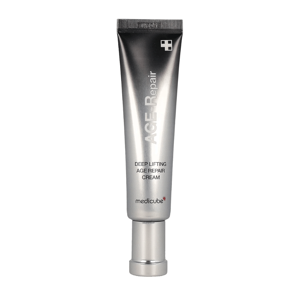 Εικόνα προϊόντος του Medicube Deep Lifting Age Repair Cream σε ασημένιο σωλήνα με φόντο λευκό.