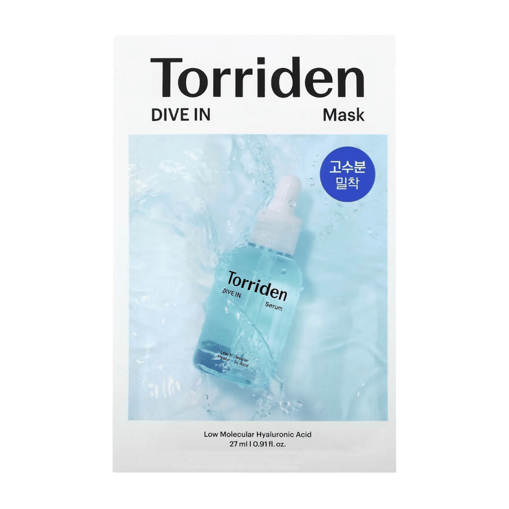 Συσκευασία του "Torriden Dive In Mask" με υαλουρονικό οξύ, φόντο νερού.