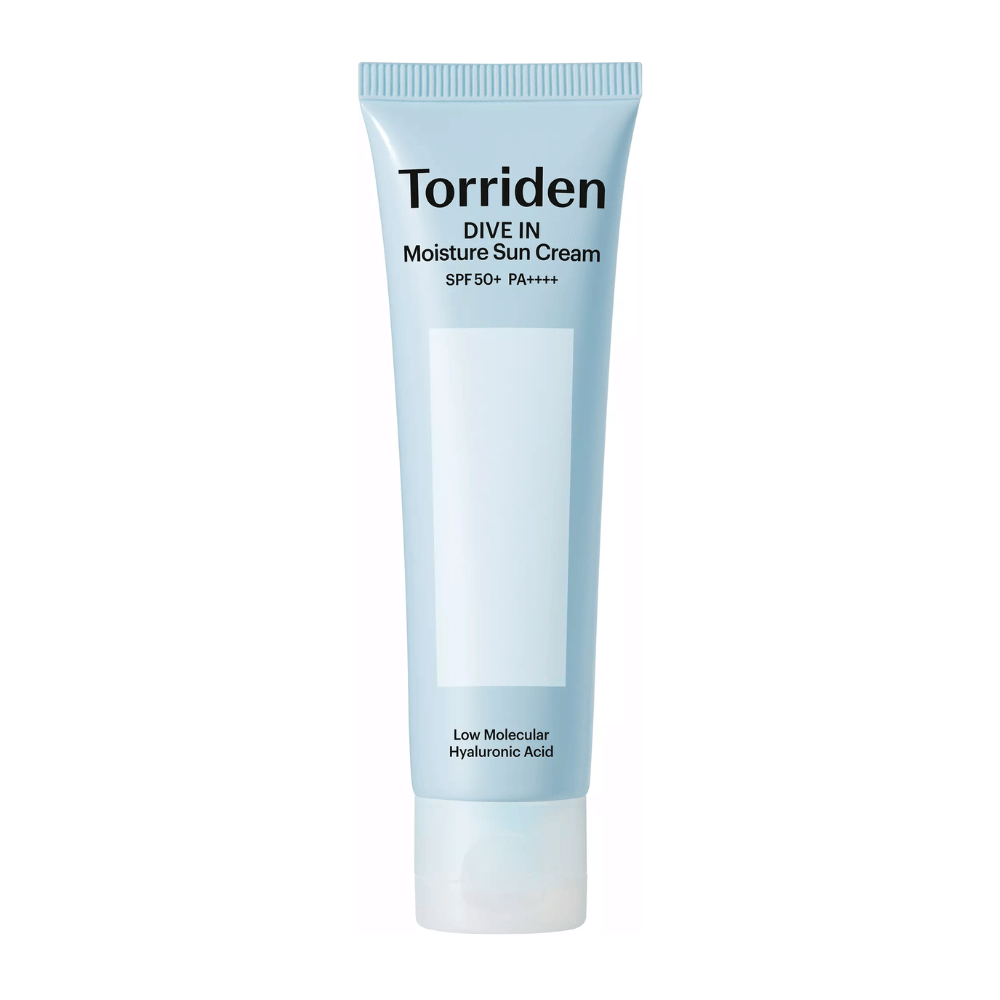 Torriden DIVE-IN Moisture Sun Cream SPF50+ PA++++ εικόνα προϊόντος σε λευκό φόντο με υαλουρονικό οξύ χαμηλού μοριακού βάρους για εντατική ενυδάτωση και προστασία UV.