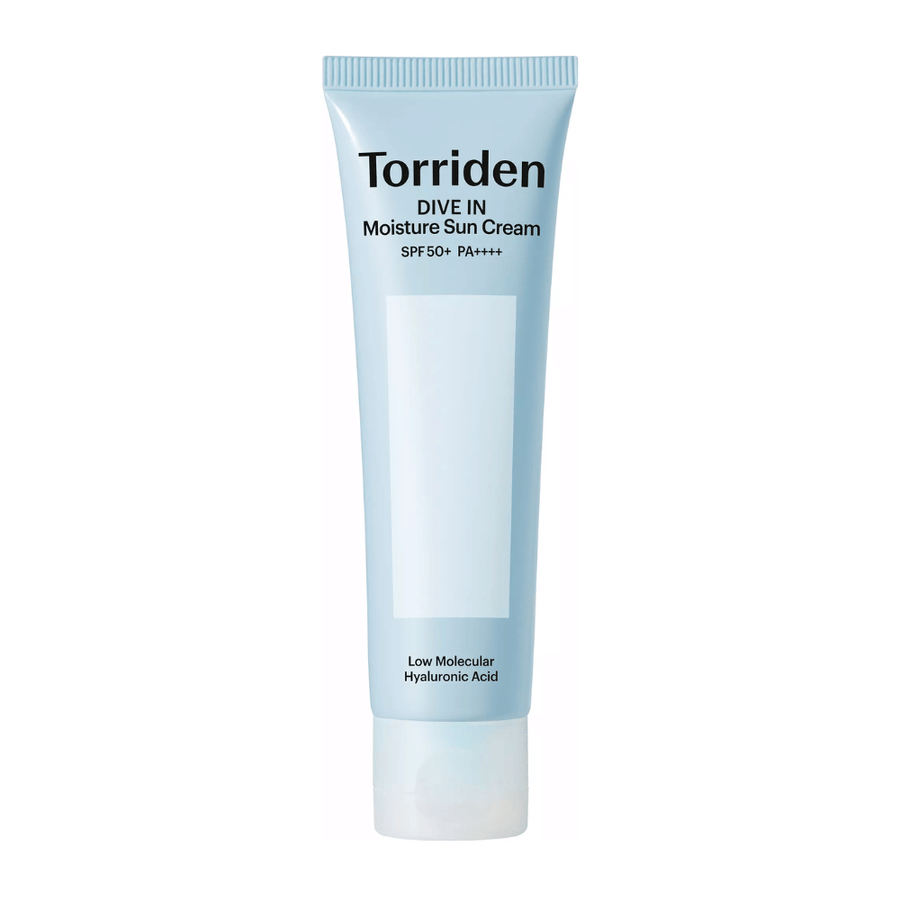 Torriden DIVE-IN Moisture Sun Cream SPF50+ PA++++ εικόνα προϊόντος σε λευκό φόντο με υαλουρονικό οξύ χαμηλού μοριακού βάρους για εντατική ενυδάτωση και προστασία UV.