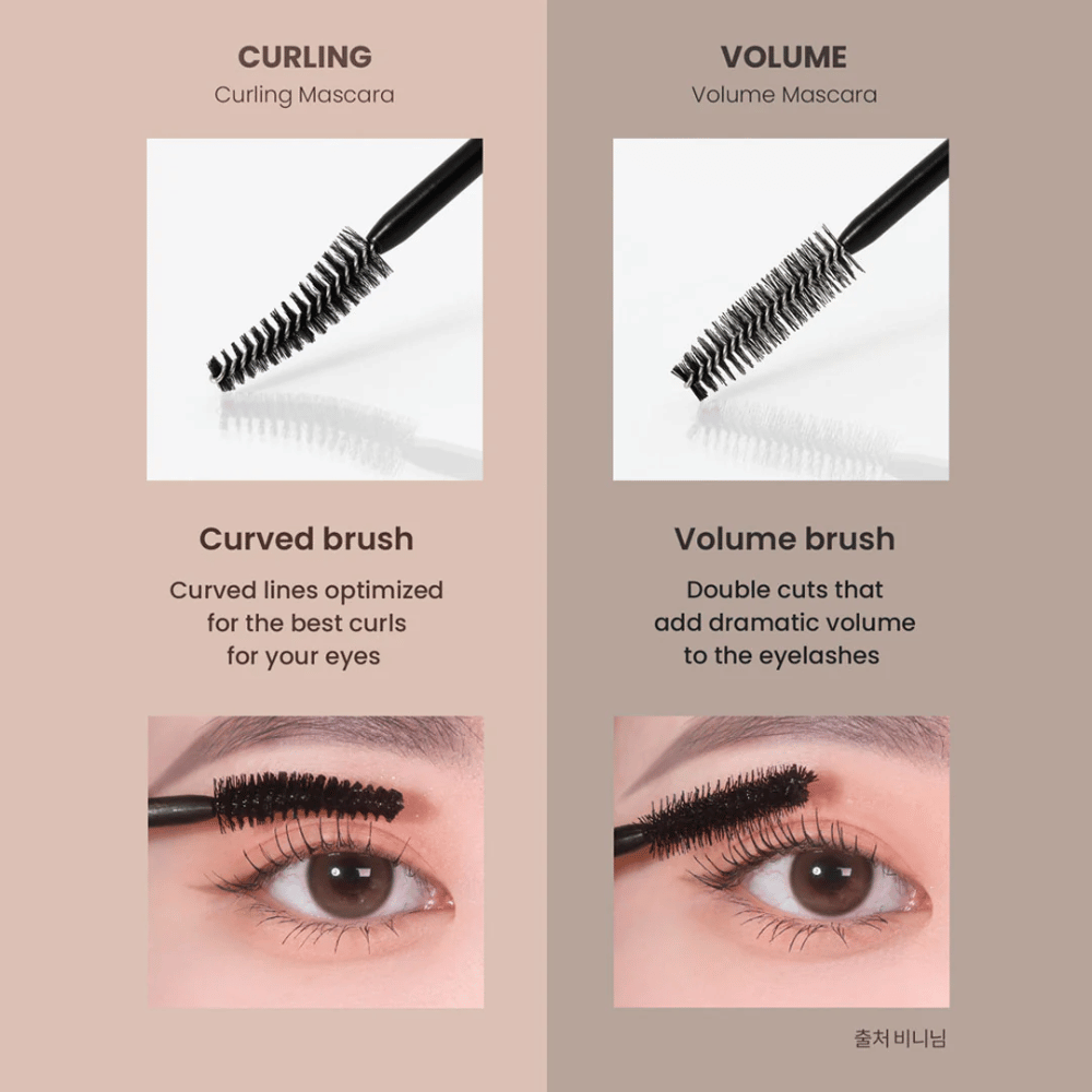 Σύγκριση μεταξύ Heimish Dailism Smudge Stop Mascara Καμπύλωσης και Όγκου που δείχνει τη διαφορά μεταξύ καμπυλωμένων βλεφαρίδων και έντονου όγκου.