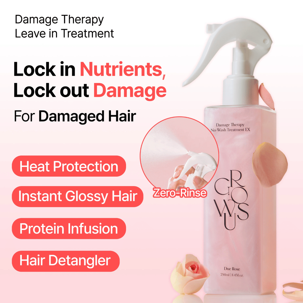 Διαφημιστική εικόνα για το GROWUS Damage Therapy No-Wash Treatment EX με έμφαση στη θερμοπροστασία, τη λάμψη, τη φροντίδα με πρωτεΐνες και την ξεμπερδευτική δράση για ταλαιπωρημένα και ξηρά μαλλιά.