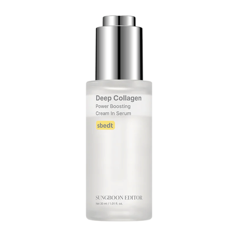 Deep Collagen Power Boosting Cream in Serum σε κομψό διαφανές μπουκάλι με ασημένιο καπάκι. Ένα προϊόν πλούσιο σε κολλαγόνο που προσφέρει πιο γεμάτο δέρμα.