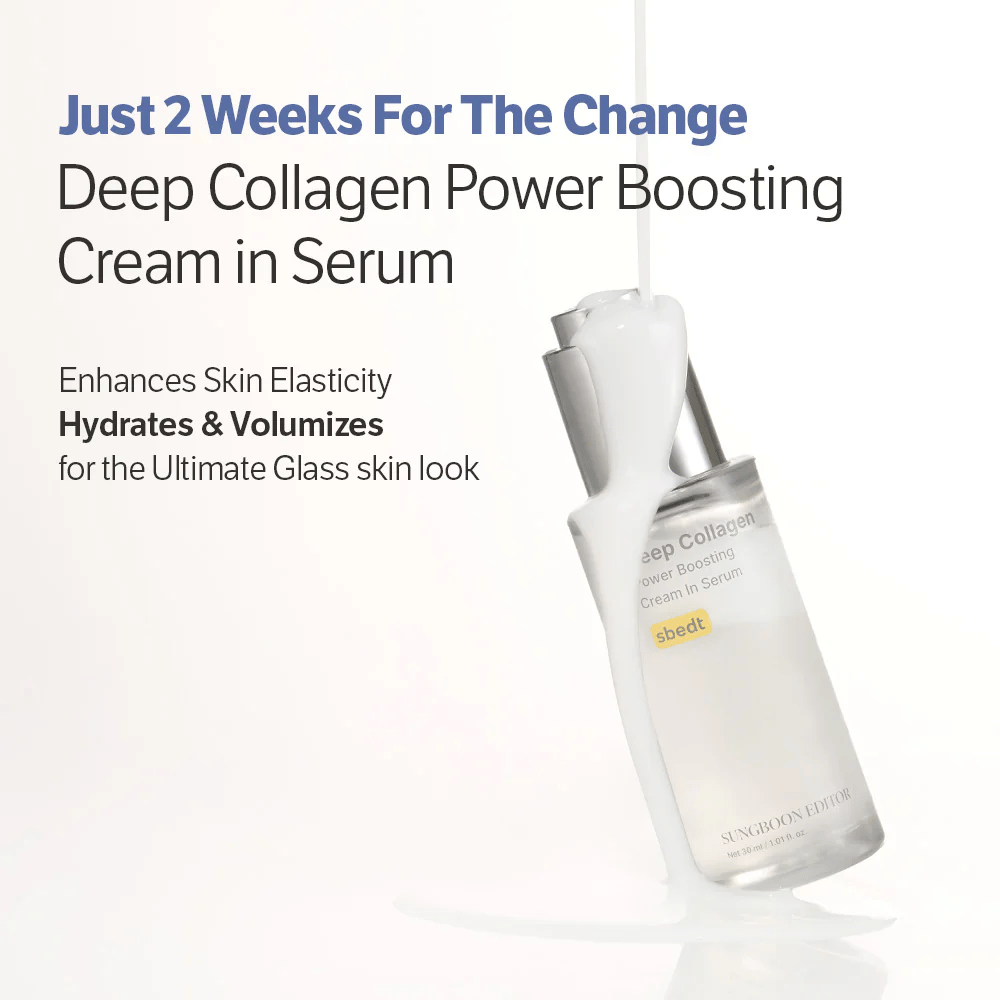 Sungboon Editor Deep Collagen Power Boosting Cream in Serum καλυμμένο με κρέμα που τρέχει. Προϊόν που ενυδατώνει, ενισχύει την ελαστικότητα και προσφέρει γυαλιστερό δέρμα.