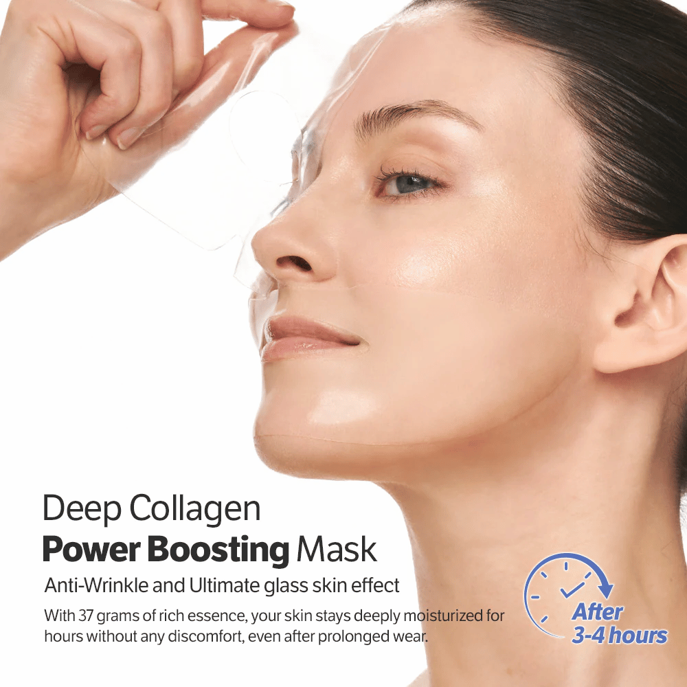 Γυναίκα εφαρμόζει Sungboon Editor Deep Collagen Power Boosting Mask, μια αντιγηραντική μάσκα φύλλου που προσφέρει ενυδάτωση και δέρμα με γυάλινη όψη.