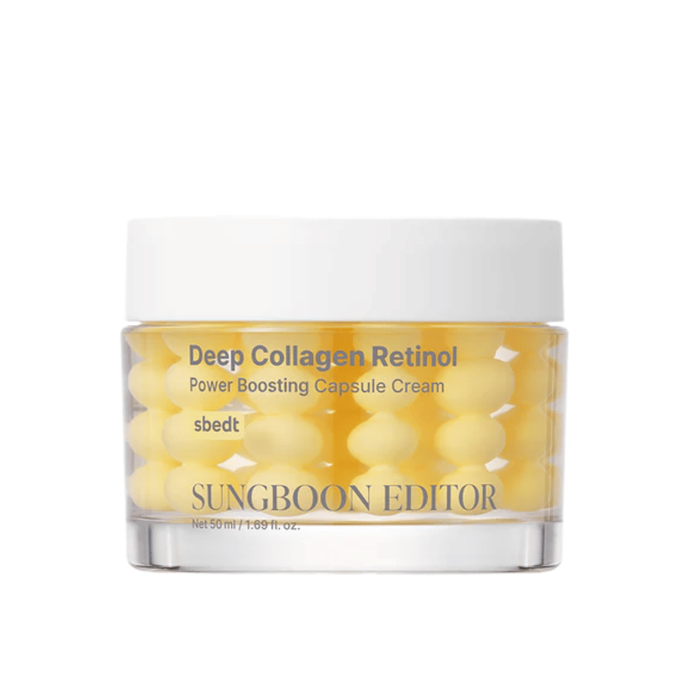 Sungboon Editor Deep Collagen Retinol Capsule Cream σε γυάλινο βάζο με κίτρινες κάψουλες. Μια ισχυρή αντιγηραντική κρέμα με ρετινόλη και κολλαγόνο.
