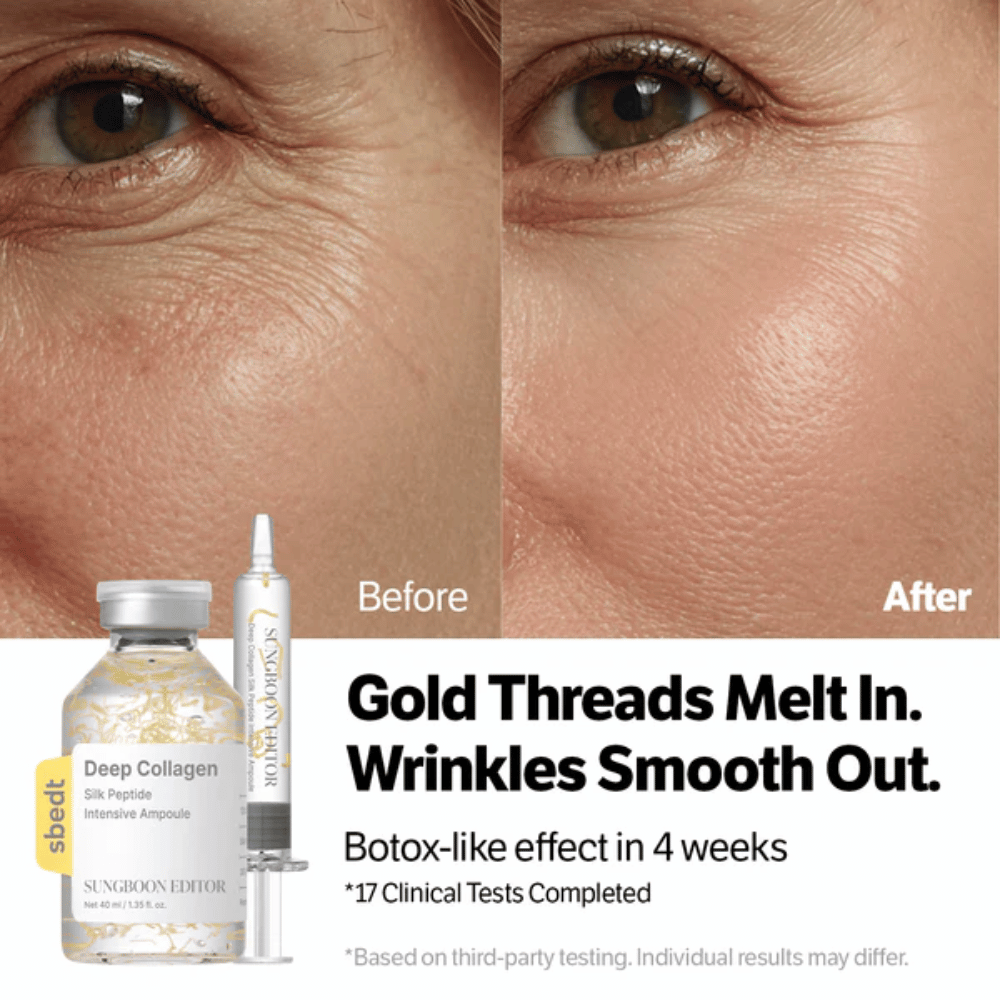 SUNGBOON EDITOR Deep Collagen Silk Peptide Intensive Ampoule – ορός με πεπτίδια που βοηθά στη μείωση των ρυτίδων και στη βελτίωση της ελαστικότητας του δέρματος για ένα πιο λείο αποτέλεσμα.