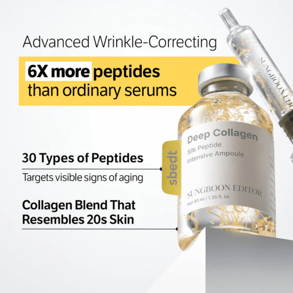 SUNGBOON EDITOR Deep Collagen Silk Peptide Intensive Ampoule – προηγμένος ορός με κολλαγόνο και πεπτίδια που βοηθά στη βελτίωση της σφριγηλότητας του δέρματος και στη μείωση των ορατών σημαδιών γήρανσης.