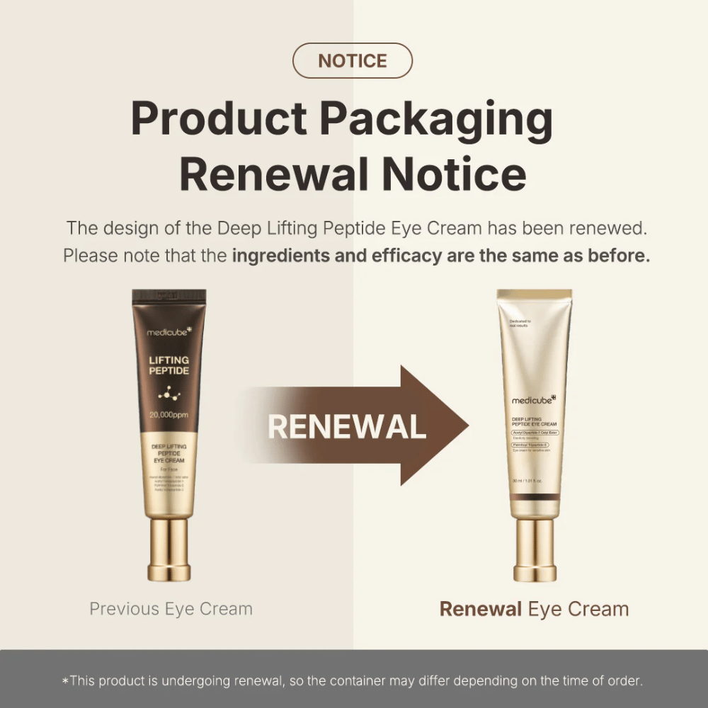 Medicube Deep Lifting Peptide Eye Cream – νέα συσκευασία, ίδια αποτελεσματική φόρμουλα πεπτιδίων που ανυψώνει και συσφίγγει το δέρμα γύρω από τα μάτια.