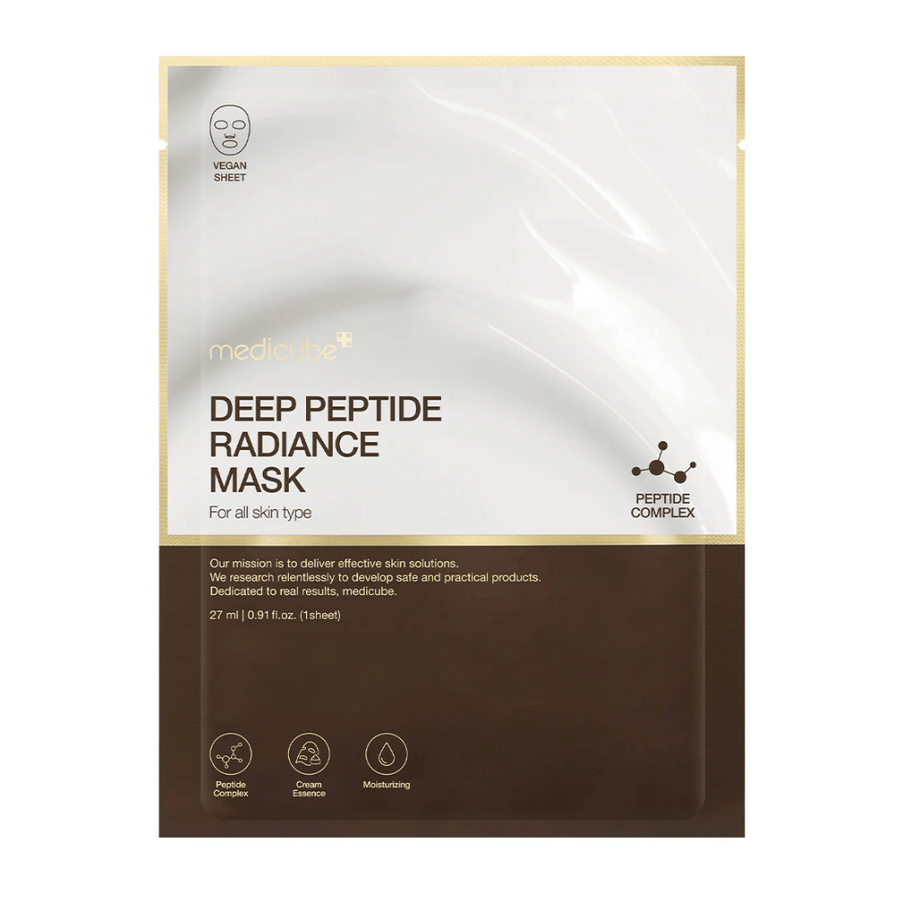 Μπροστινή πλευρά του Medicube Deep Peptide Radiance Mask, vegan μάσκα φύλλου με σύμπλεγμα πεπτιδίων για ενυδάτωση και λάμψη.