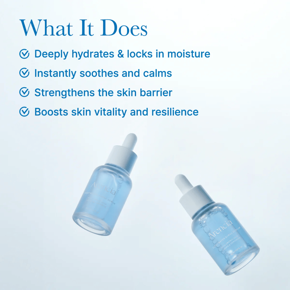 Δύο μπουκάλια Arencia Deep Water Surge Serum που αναδεικνύουν την ελαφριά, υδαρή υφή του ορού για εντατική ενυδάτωση και ισορροπημένη επιδερμίδα.