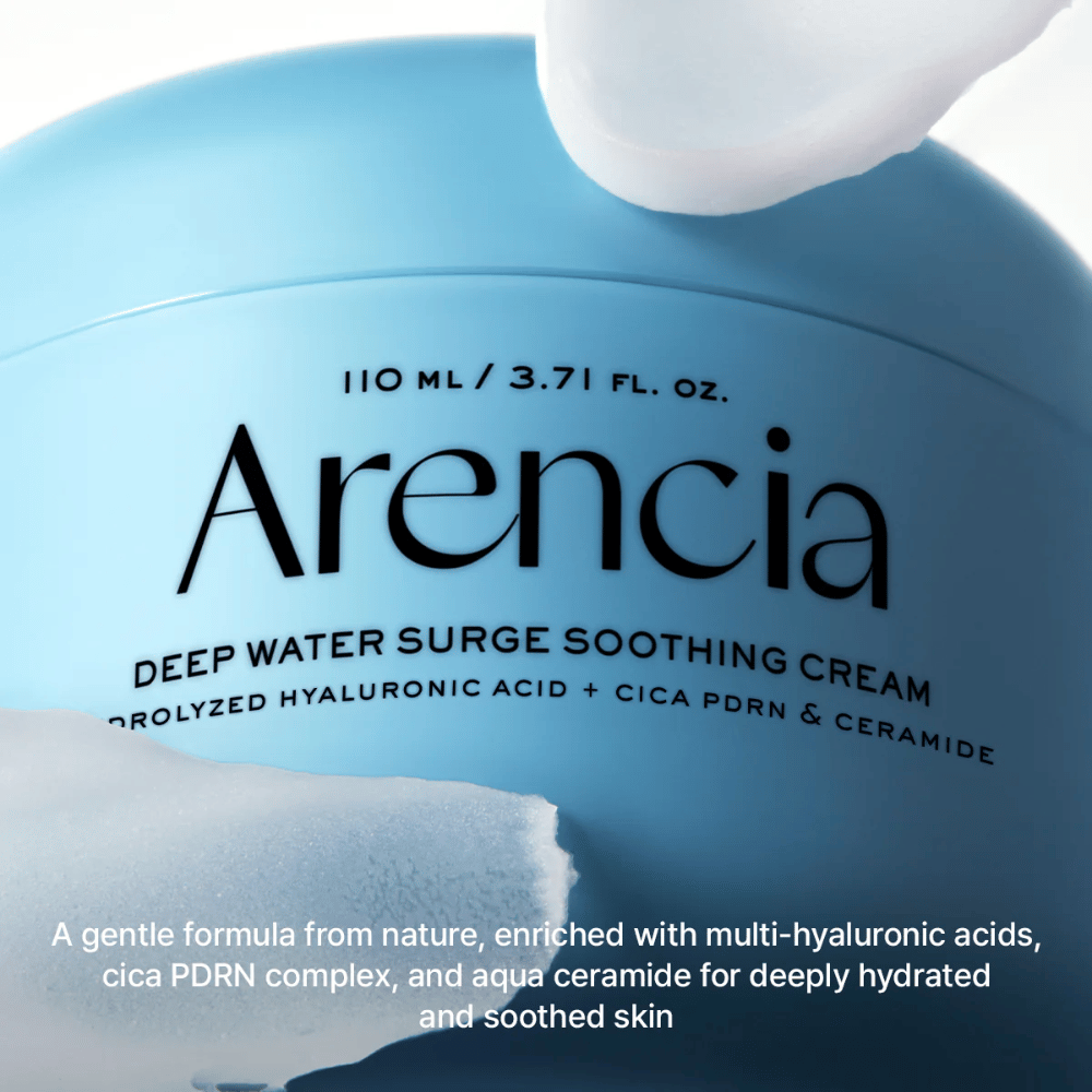 Arencia Deep Water Surge Soothing Cream με υαλουρονικό οξύ, Cica PDRN και κεραμίδια – καταπραϋντική κρέμα προσώπου που ενυδατώνει σε βάθος και ενισχύει το φράγμα του δέρματος για ευαίσθητο και ξηρό δέρμα.
