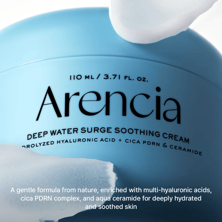 Arencia Deep Water Surge Soothing Cream με υαλουρονικό οξύ, Cica PDRN και κεραμίδια – καταπραϋντική κρέμα προσώπου που ενυδατώνει σε βάθος και ενισχύει το φράγμα του δέρματος για ευαίσθητο και ξηρό δέρμα.