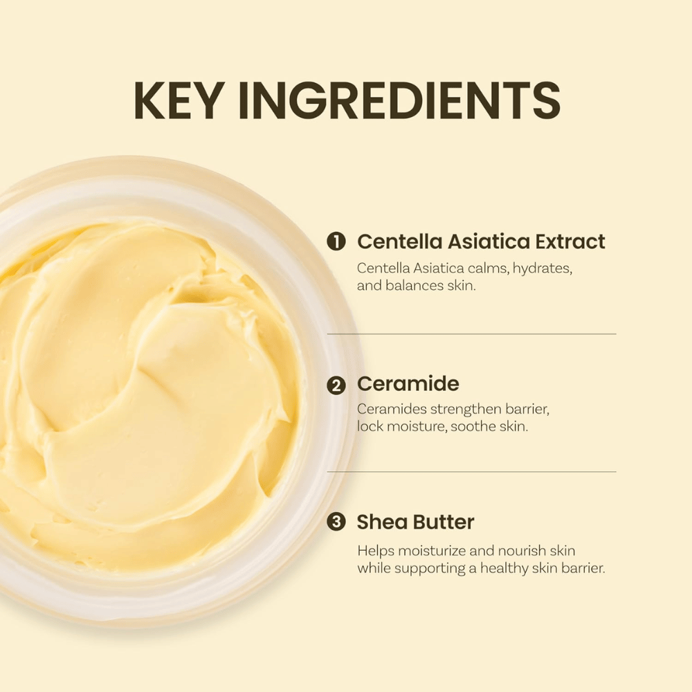 Βασικά συστατικά στο Ongredients Deep Calming Cream: Centella Asiatica, κεραμίδια και βούτυρο καριτέ που ενυδατώνουν και ισορροπούν το δέρμα.