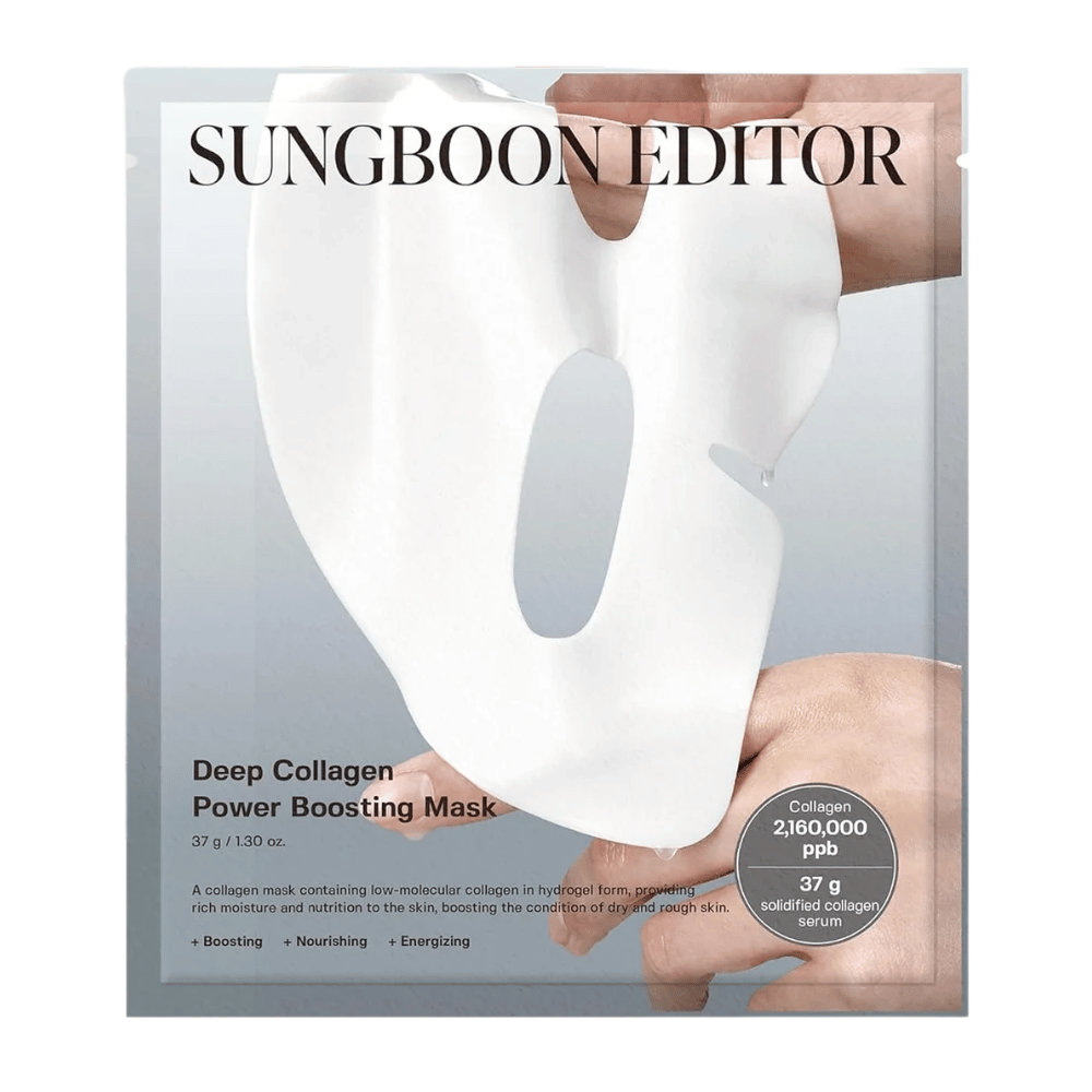 Sungboon Editor Deep Collagen Power Boosting Mask 37 g, μια μάσκα φύλλου κολλαγόνου σε ασημένια συσκευασία που ενυδατώνει, ενισχύει και θρέφει το δέρμα.