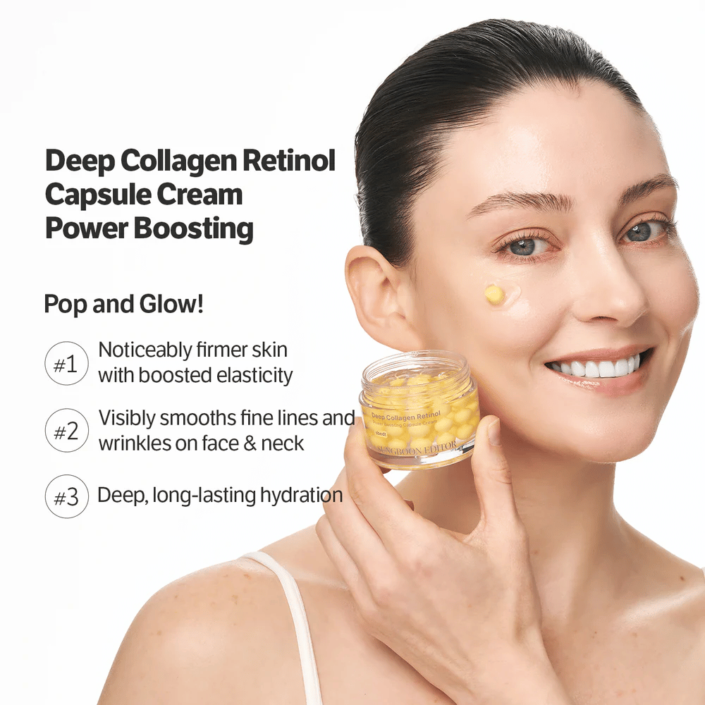 Χαμογελαστό άτομο εφαρμόζει Sungboon Editor Deep Collagen Retinol Capsule Cream στο μάγουλο. Κρέμα που συσφίγγει το δέρμα και εξομαλύνει τις γραμμές.