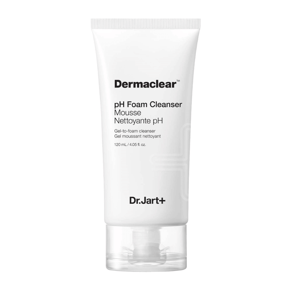 Λευκός σωλήνας του Dr.Jart+ Dermaclear pH Foam Cleanser με μαύρο κείμενο, όρθιος σε λευκό φόντο.