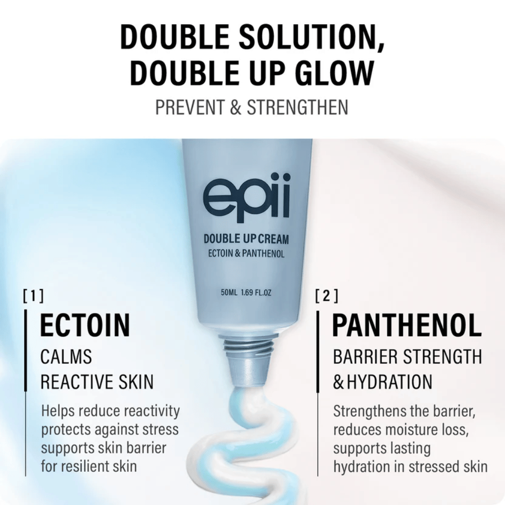EPII Double Up Cream με εκτοΐνη και πανθενόλη – ενυδατική κρέμα προσώπου που καταπραΰνει την επιδερμίδα, ενισχύει τον επιδερμικό φραγμό και προσφέρει ενυδάτωση μεγάλης διάρκειας.