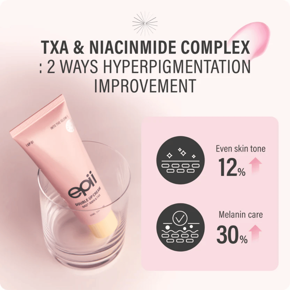 EPII Double Up Cream με NAD+, NMN, τρανεξαμικό οξύ και νιασιναμίδη που βοηθά στην εξομάλυνση του τόνου της επιδερμίδας και στη μείωση της ορατής μελάγχρωσης.