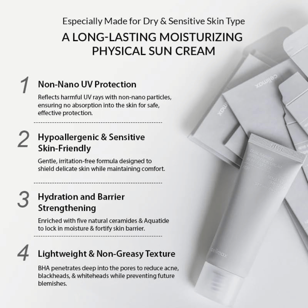 Celimax Dual Barrier Watery Sun Cream SPF50+ PA++++ με φυσικό UV φίλτρο, πέντε ceramides και Aquatide που ενυδατώνουν και ενισχύουν τον δερματικό φραγμό.