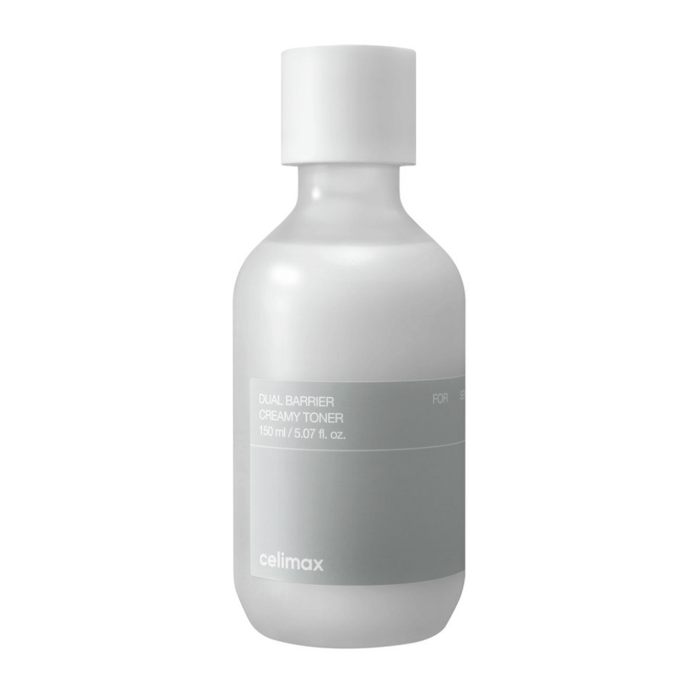 Λευκό μπουκάλι με γκρι ετικέτα για Celimax Dual Barrier Creamy Toner – μια ενυδατική τονωτική λοσιόν με ήπια φόρμουλα, ειδικά σχεδιασμένη για ευαίσθητο και ξηρό δέρμα.