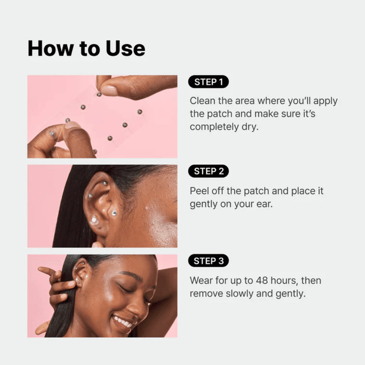 Οδηγός βήμα προς βήμα που δείχνει πώς τα RETURNITY Ear Therapy Acupressure Patch εφαρμόζονται στο αυτί. Τα επιθέματα τοποθετούνται σε επιλεγμένα σημεία και μπορούν να φορεθούν έως και 48 ώρες.