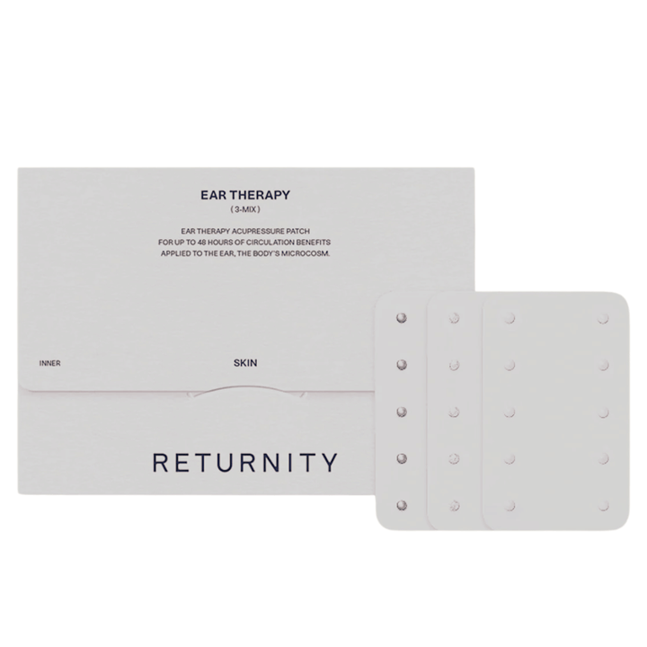 RETURNITY Ear Therapy Acupressure Patch 30pcs (3-Mix) με συσκευασία και τρεις διαφορετικούς τύπους επιθεμάτων ακουπίεσης. Το σετ περιέχει πολλές παραλλαγές για προσαρμοσμένη ωτοακουπίεση και καθημερινή χρήση.