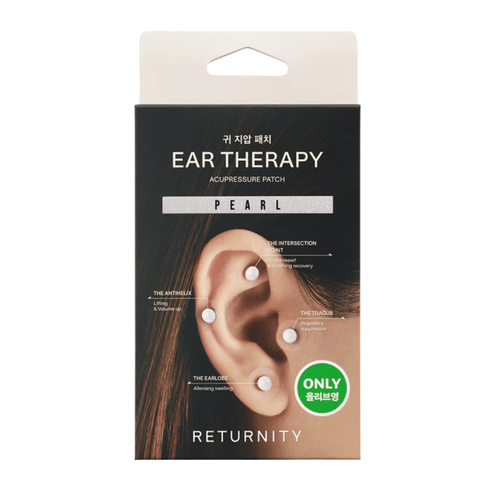 Συσκευασία του RETURNITY Ear Therapy Acupressure Patch Pearl με εικονογράφηση patches αυτιού τοποθετημένων σε διαφορετικά σημεία πίεσης στο αυτί.