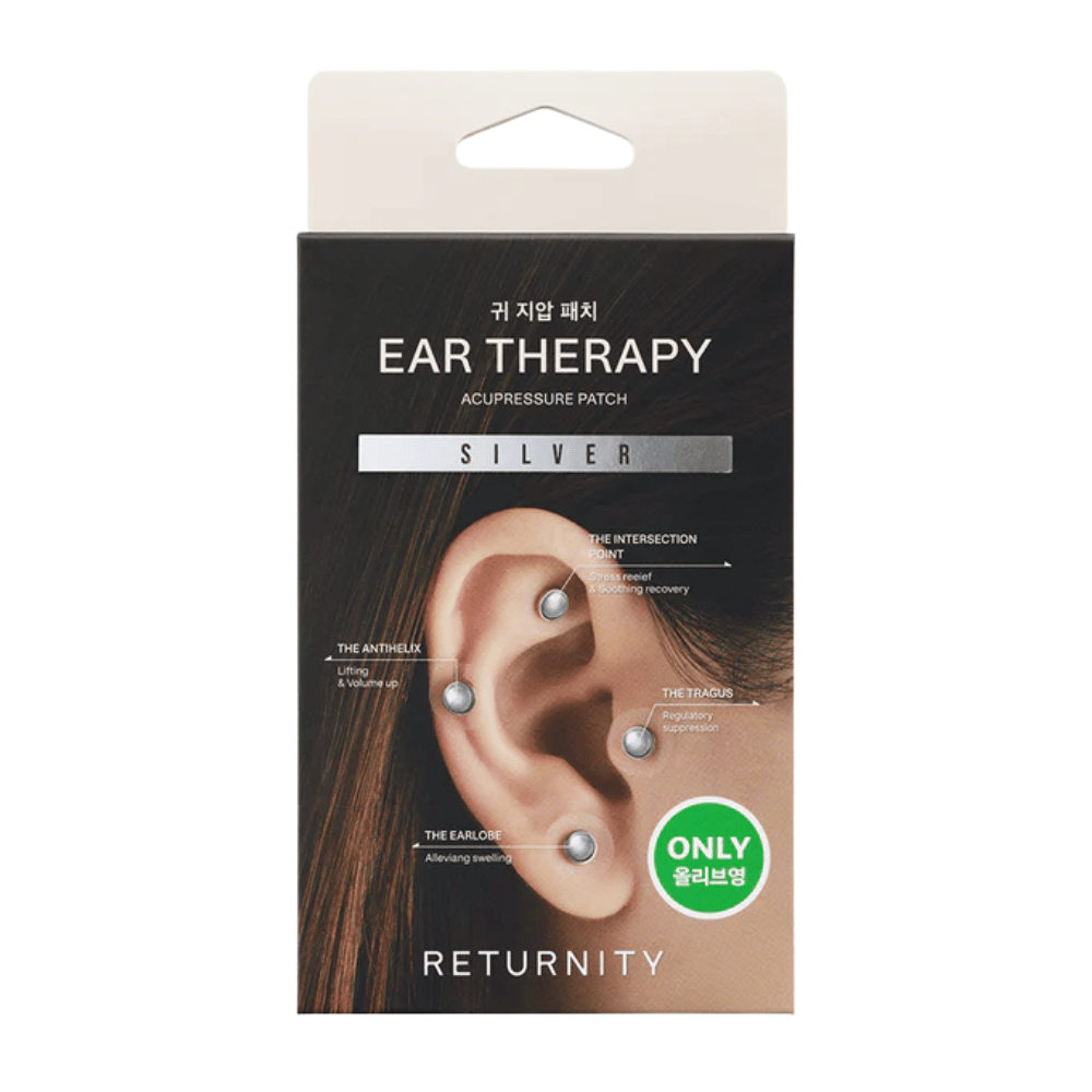 Συσκευασία του RETURNITY Ear Therapy Acupressure Patch Silver με ασημί patches αυτιού και επισημασμένα σημεία πιεσοθεραπείας στο αυτί.