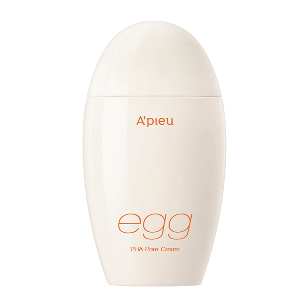 A’pieu Egg PHA Pore Cream σε συσκευασία σε σχήμα αυγού, μπεζ με πορτοκαλί κείμενο – μια κορεατική κρέμα προσώπου για μείωση πόρων και ήπια απολέπιση.