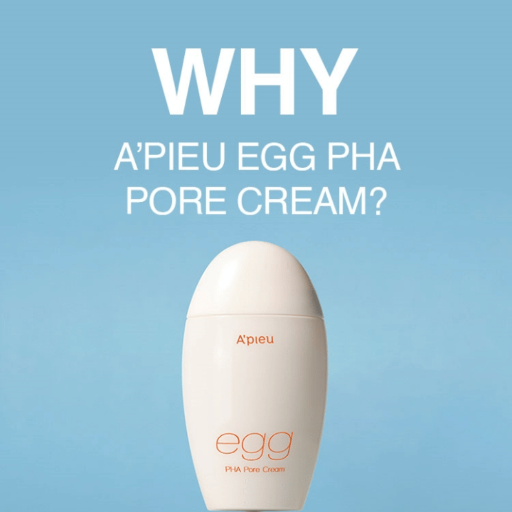 A’pieu Egg PHA Pore Cream σε συσκευασία σε σχήμα αυγού σε μπλε φόντο με το κείμενο "WHY A’PIEU EGG PHA PORE CREAM?", που αναδεικνύει τα πλεονεκτήματα του προϊόντος.