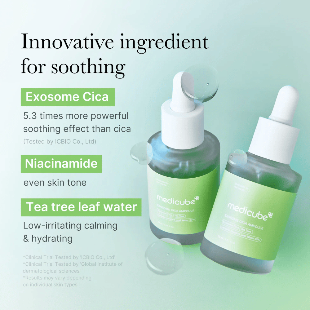 Δύο μπουκάλια Medicube Exosome Cica Ampoule, διαμορφωμένα με Exosome Cica, νιασιναμίδη και tea tree leaf water για καταπραϋντική επίδραση.
