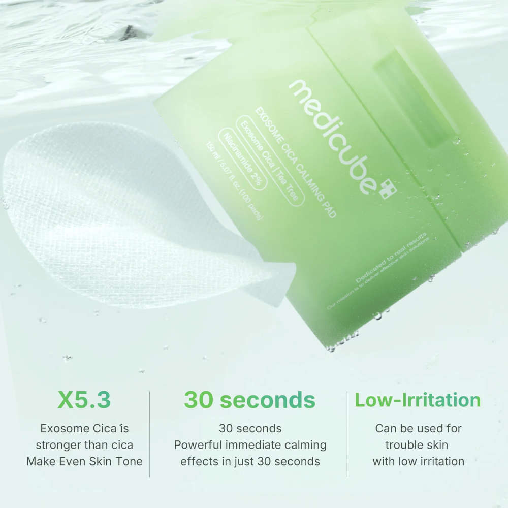 Medicube Exosome Cica Calming Pads κάτω από το νερό, με οφέλη: 5,3 φορές ισχυρότερο από το cica, αποτέλεσμα σε 30 δευτερόλεπτα, χαμηλός ερεθισμός.