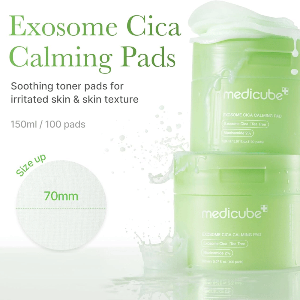 Medicube Exosome Cica Calming Pads σε πράσινο δοχείο, καταπραϋντικά pads με νιασιναμίδη και tea tree για ερεθισμένο δέρμα, 150 ml/100 pads.