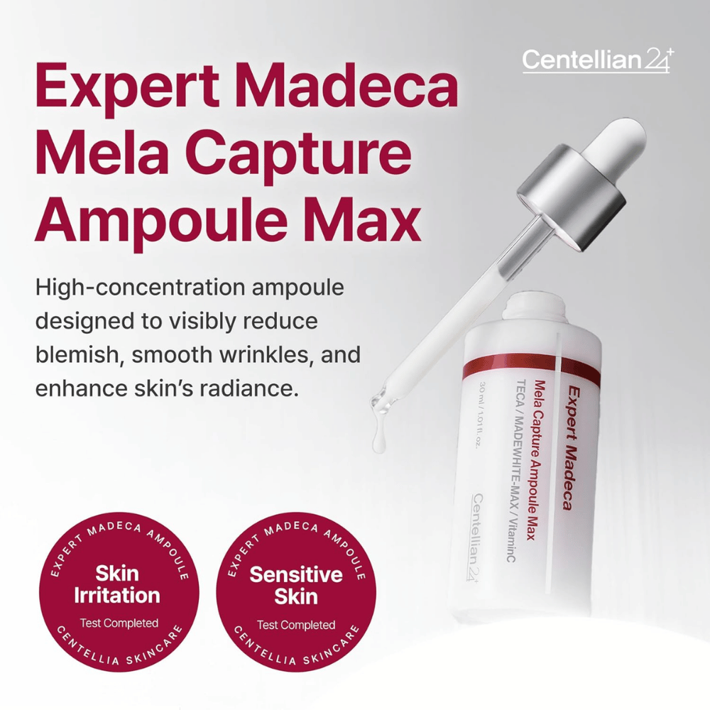 Centellian24 Expert Madeca Mela Capture Ampoule Max 30 ml – συμπυκνωμένη κορεατική αμπούλα για κηλίδες μελάγχρωσης, λεπτές γραμμές και βελτιωμένη λάμψη.