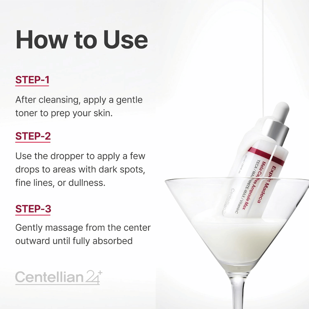 Centellian24 Expert Madeca Mela Capture Ampoule Max – εφαρμόστε λίγες σταγόνες σε περιοχές με κηλίδες μελάγχρωσης, λεπτές γραμμές ή θαμπό δέρμα και κάντε απαλό μασάζ μέχρι να απορροφηθεί.