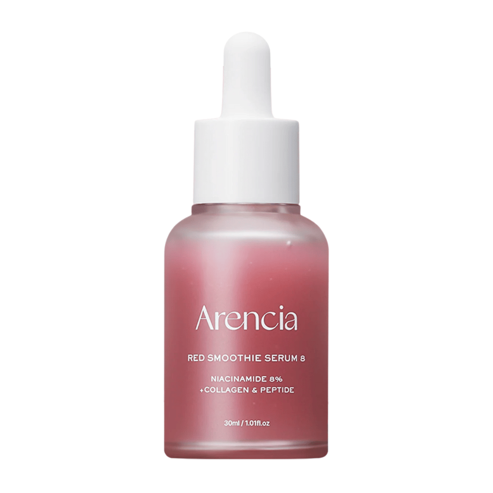 Arencia Red Smoothie Serum 8 σε γυάλινο μπουκάλι με πιπέτα, 30 ml. Ένας ροζ ορός με νιασιναμίδη, κολλαγόνο και πεπτίδια που ενισχύουν τον φραγμό του δέρματος και αυξάνουν την ελαστικότητα.