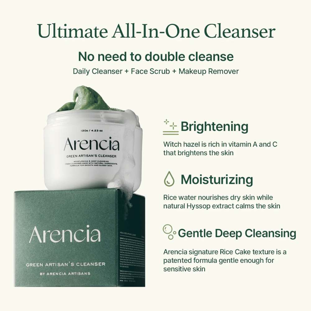 Arencia Green Artisan's Cleanser εμφανίζεται με βάζο και κουτί. Το κείμενο αναδεικνύει τα οφέλη: Φωτεινότητα (βιταμίνη Α & C), Ενυδάτωση (νερό ρυζιού & ύσσωπος), Απαλός Βαθύς Καθαρισμός με πατενταρισμένη υφή ρυζιού.