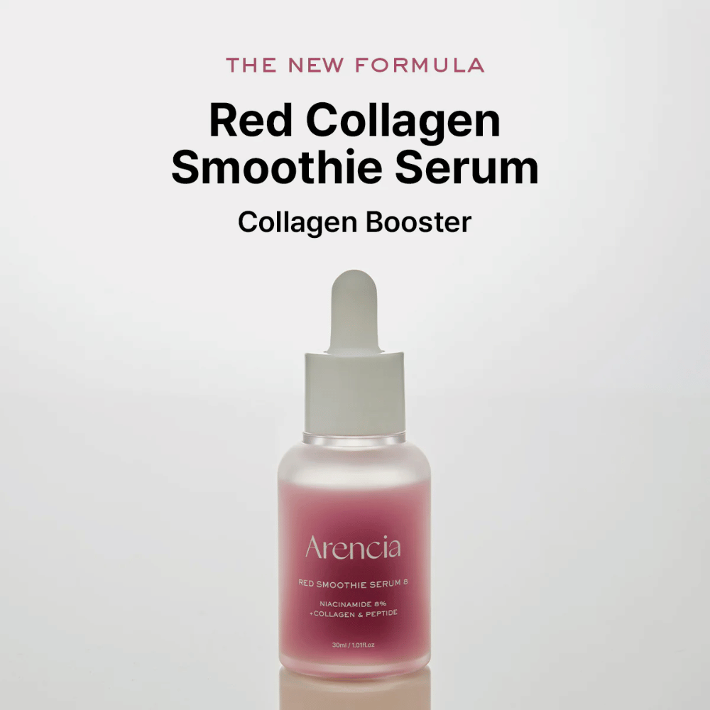 Arencia Red Smoothie Serum 8 παρουσιάζεται ως "Red Collagen Smoothie Serum", ένας ισχυρός ενισχυτής κολλαγόνου με 8% νιασιναμίδη, κολλαγόνο και πεπτίδια.