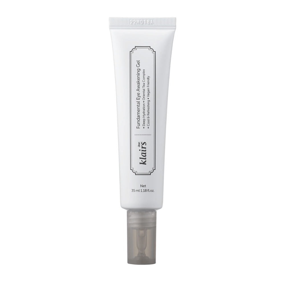 Απομονωμένη εικόνα προϊόντος του Klairs Fundamental Eye Awakening Gel σε λευκό φόντο. Το σωληνάριο προβάλλεται από μπροστά για να παρουσιαστούν καθαρά το όνομα του προϊόντος, το μέγεθος και ο καθαρός, μινιμαλιστικός σχεδιασμός που χαρακτηρίζει τα προϊόντα Klairs.