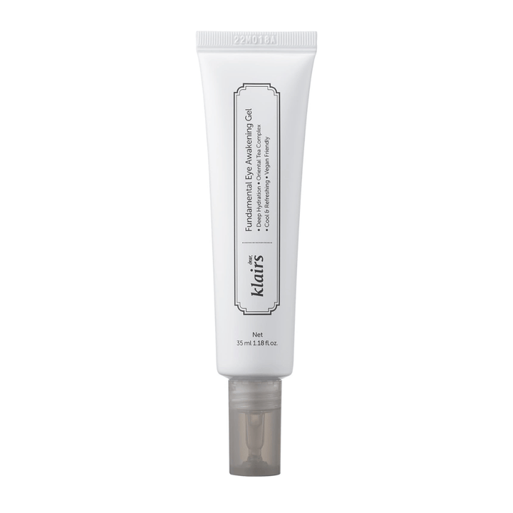 Απομονωμένη εικόνα προϊόντος του Klairs Fundamental Eye Awakening Gel σε λευκό φόντο. Το σωληνάριο προβάλλεται από μπροστά για να παρουσιαστούν καθαρά το όνομα του προϊόντος, το μέγεθος και ο καθαρός, μινιμαλιστικός σχεδιασμός που χαρακτηρίζει τα προϊόντα Klairs.