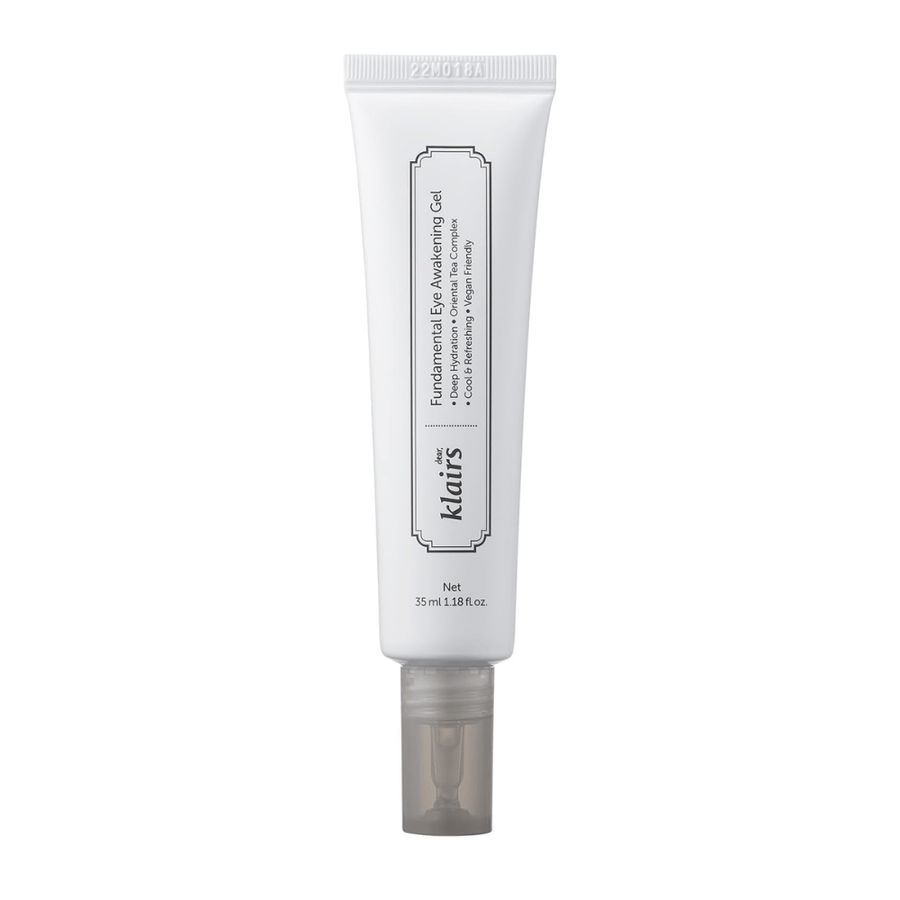 Απομονωμένη εικόνα προϊόντος του Klairs Fundamental Eye Awakening Gel σε λευκό φόντο. Το σωληνάριο προβάλλεται από μπροστά για να παρουσιαστούν καθαρά το όνομα του προϊόντος, το μέγεθος και ο καθαρός, μινιμαλιστικός σχεδιασμός που χαρακτηρίζει τα προϊόντα Klairs.