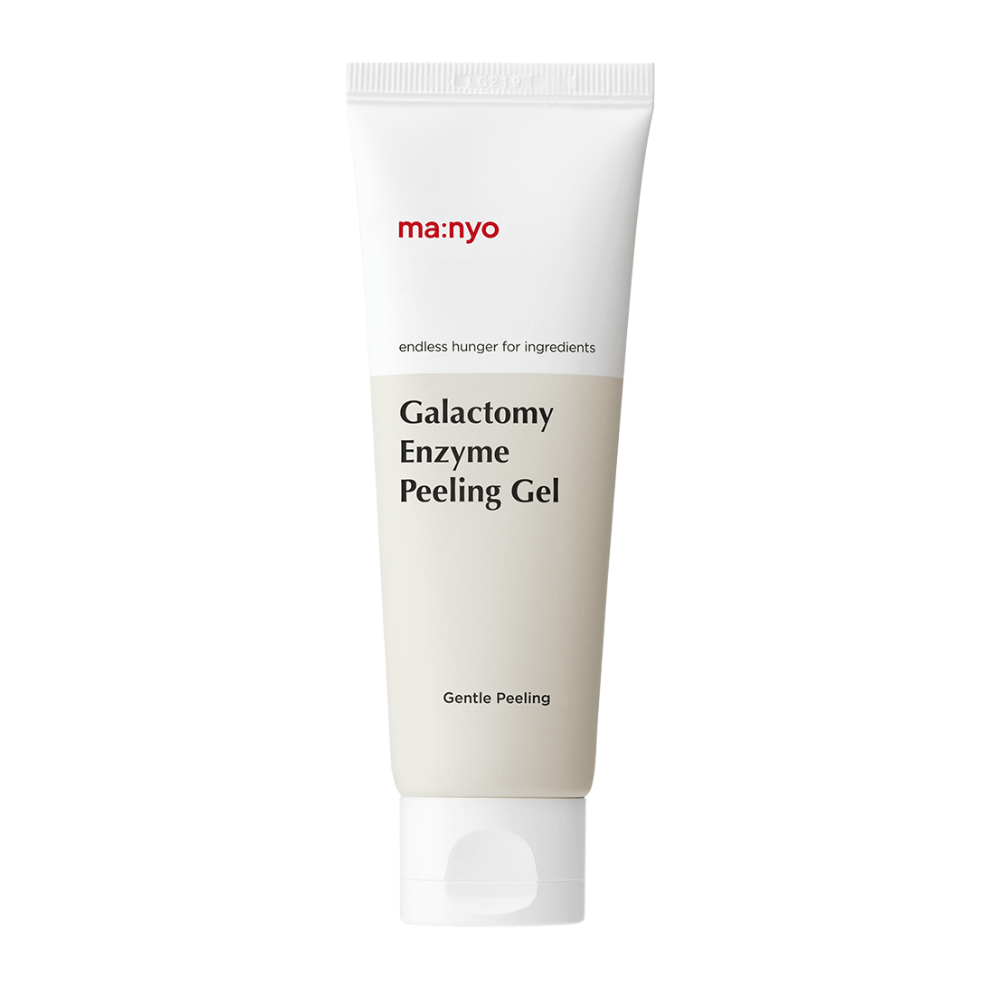 ma:nyo Ένζυμο Galactomy Peeling Gel, απαλό απολεπιστικό gel peeling σε λευκό και μπεζ σωληνάριο με λευκό φόντο.