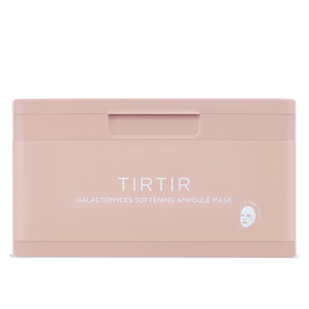 Ροζ δοχείο με το κείμενο "TIRTIR GALACTOMYCES SOFTENING AMPOULE MASK" και ένα μικρό εικονίδιο μιας μάσκας φύλλου, σχεδιασμένο για να αποθηκεύει πολλές μάσκες προσώπου.