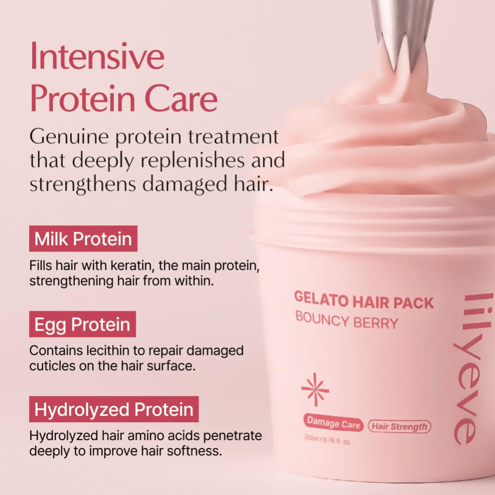 LILYEVE Gelato Hair Pack Bouncy Berry με πρωτεΐνη γάλακτος, πρωτεΐνη αυγού και υδρολυμένη πρωτεΐνη για εντατική φροντίδα των ταλαιπωρημένων μαλλιών.