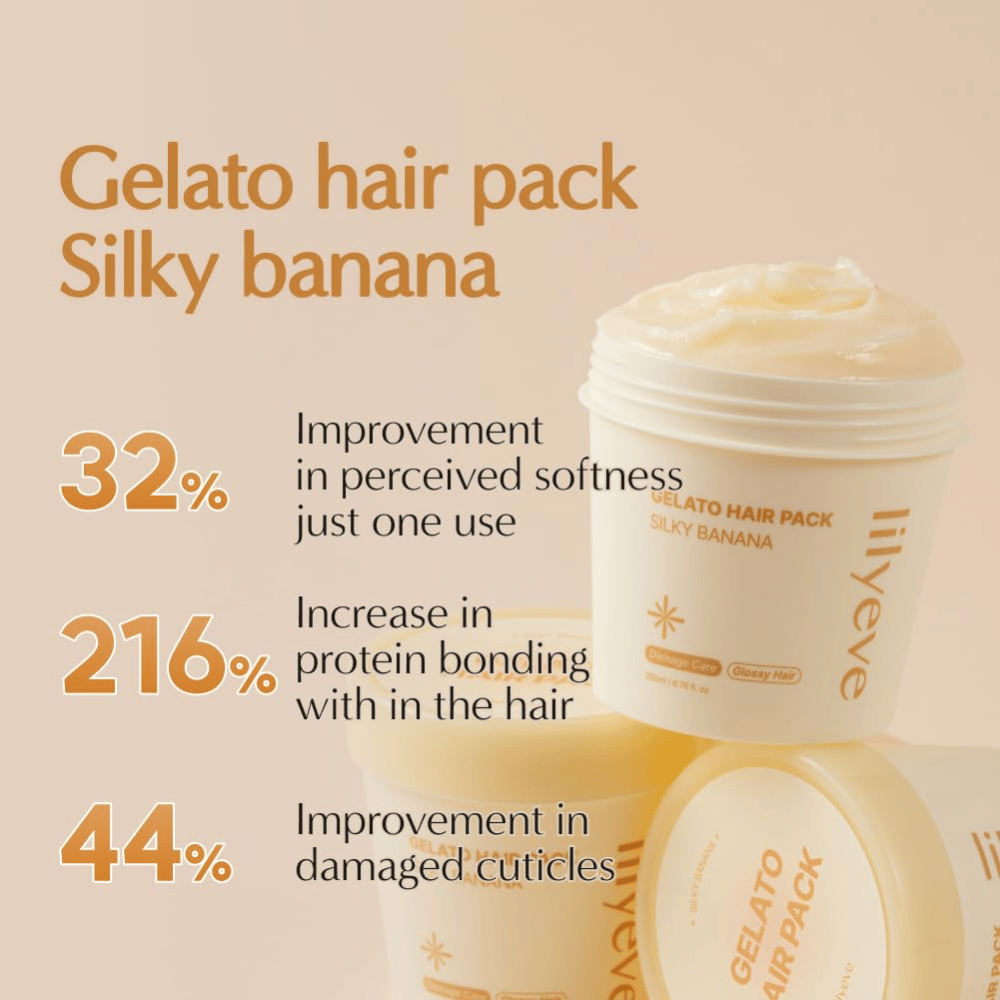 LILYEVE Gelato Hair Pack Silky Banana – μάσκα μαλλιών πλούσια σε πρωτεΐνες για πιο απαλά μαλλιά, λάμψη και φροντίδα των ταλαιπωρημένων τριχών.
